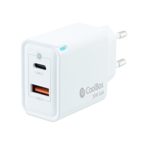 Cargador Pared/viaje 3.0 Gan Usb-c/pd + Usb-a 30w Blanco Coolbox