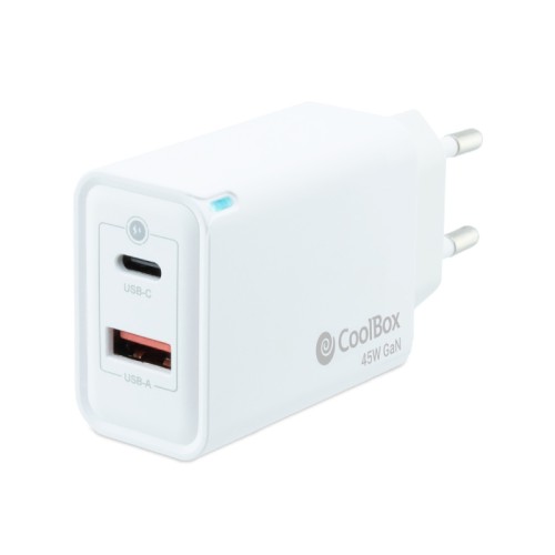 Coolbox 3.0 GaN Wall/Travel Charger USB-C/PD + USB-A 45W White