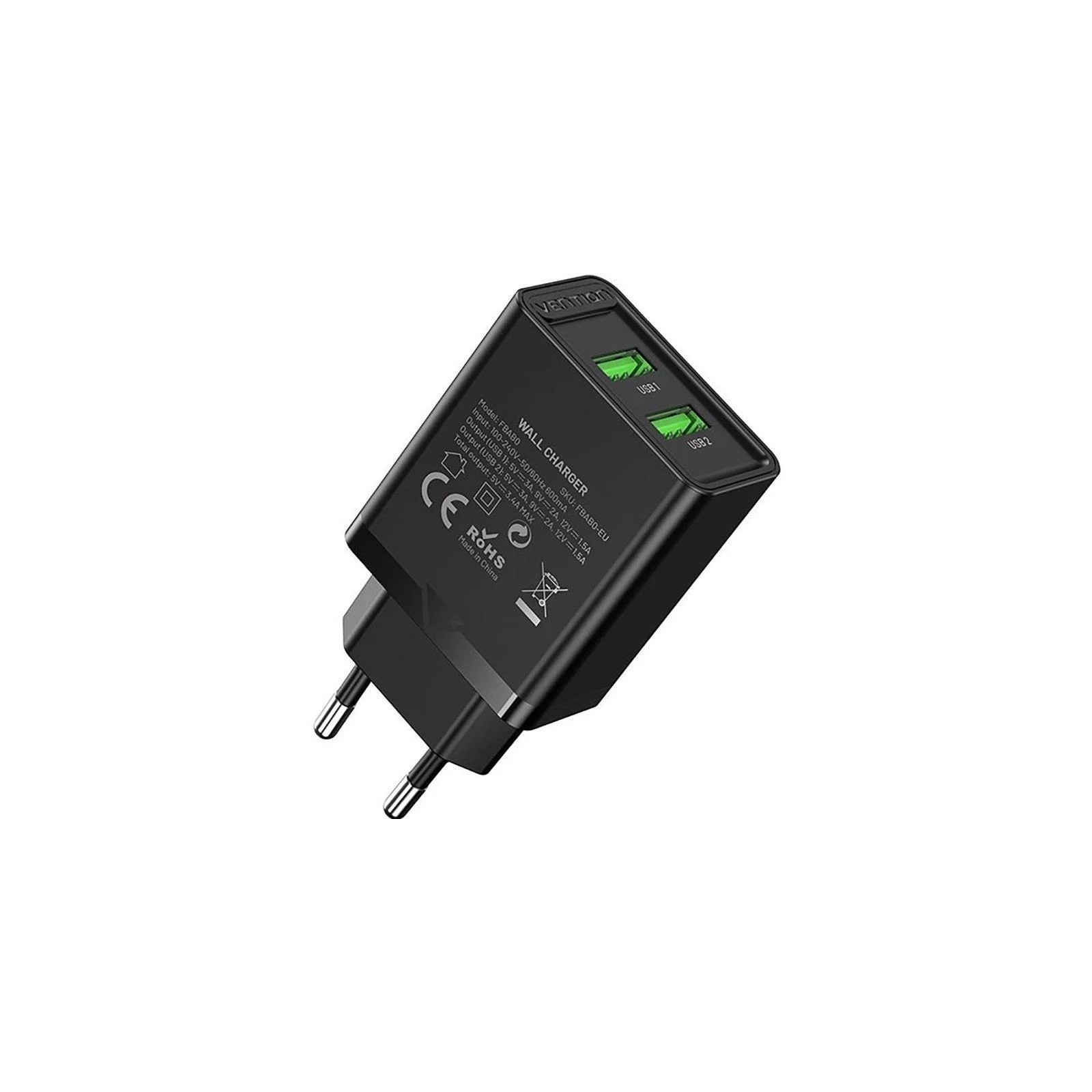 Cargador Pared 18w 2xusb-a 3a Negro Vention