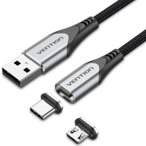 Vention Grey Magnetic USB-A to USB-C Cable with Micro-USB Adapter 1M