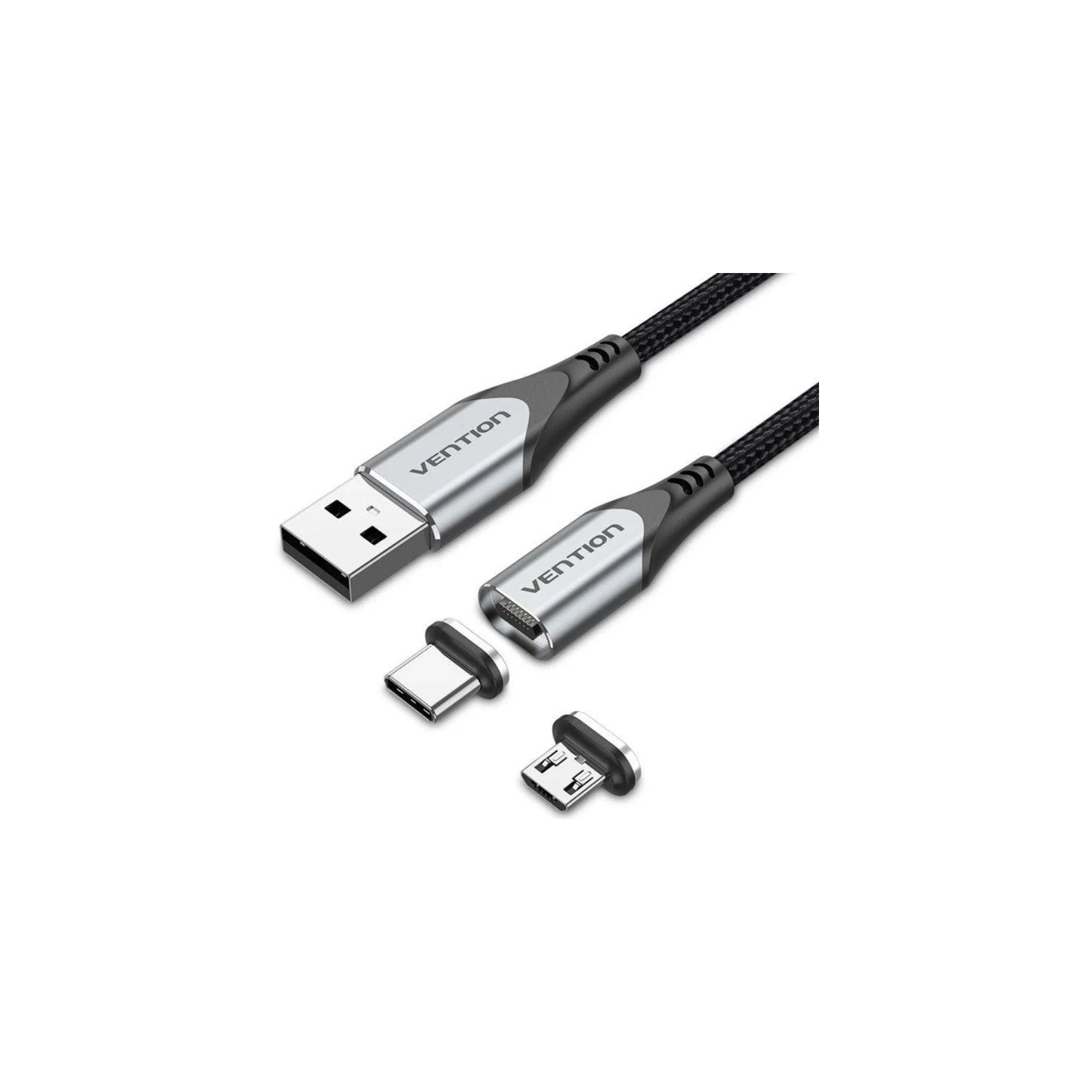 Vention Grey Magnetic USB-A to USB-C Cable with Micro-USB Adapter 1M