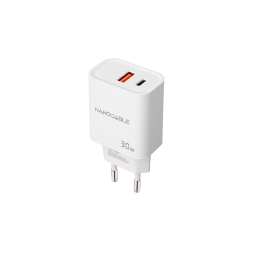 Cargador de Pared 1xUSB-C PD 1xUSB-A 30W Blanco Nanocable