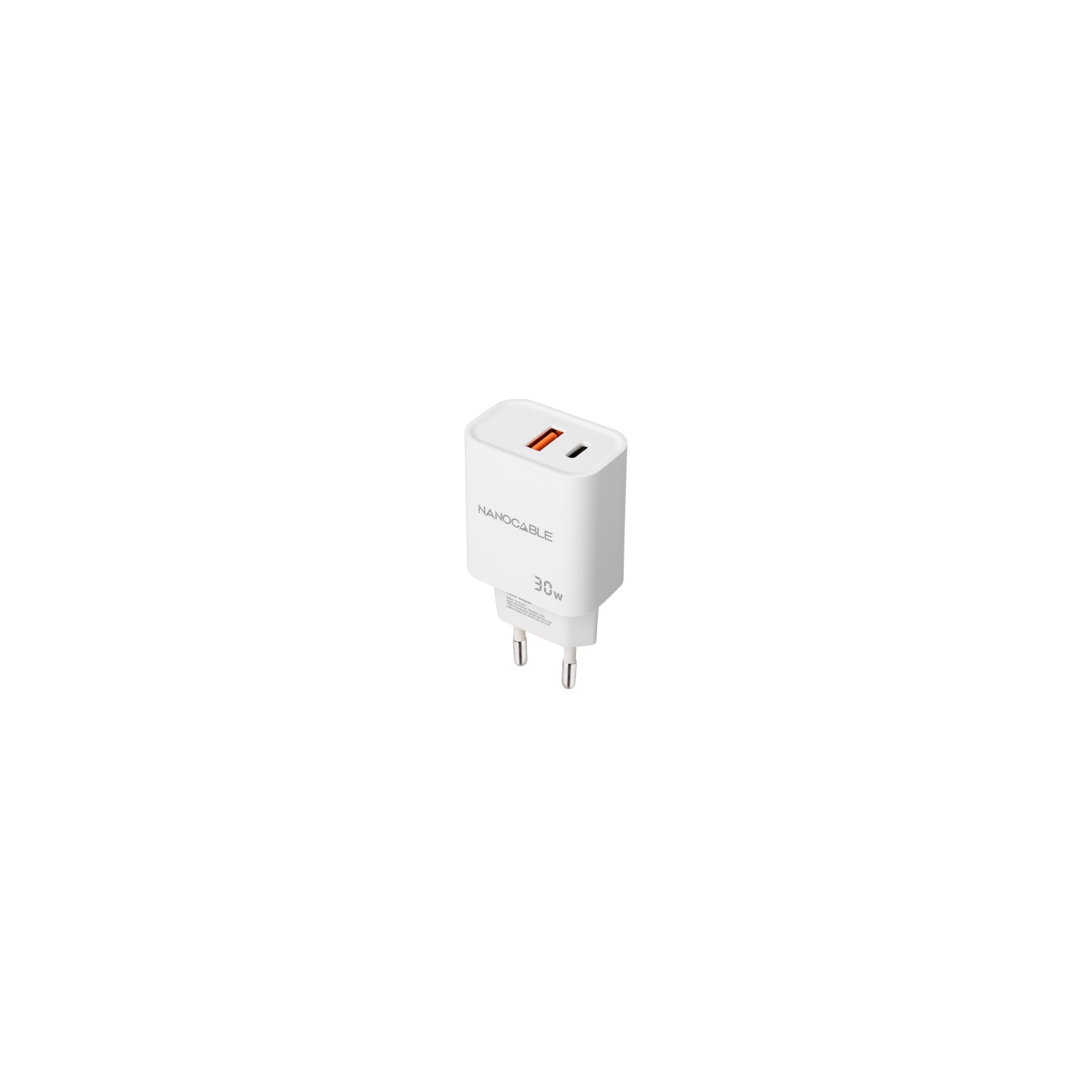 Cargador de Pared 1xUSB-C PD 1xUSB-A 30W Blanco Nanocable