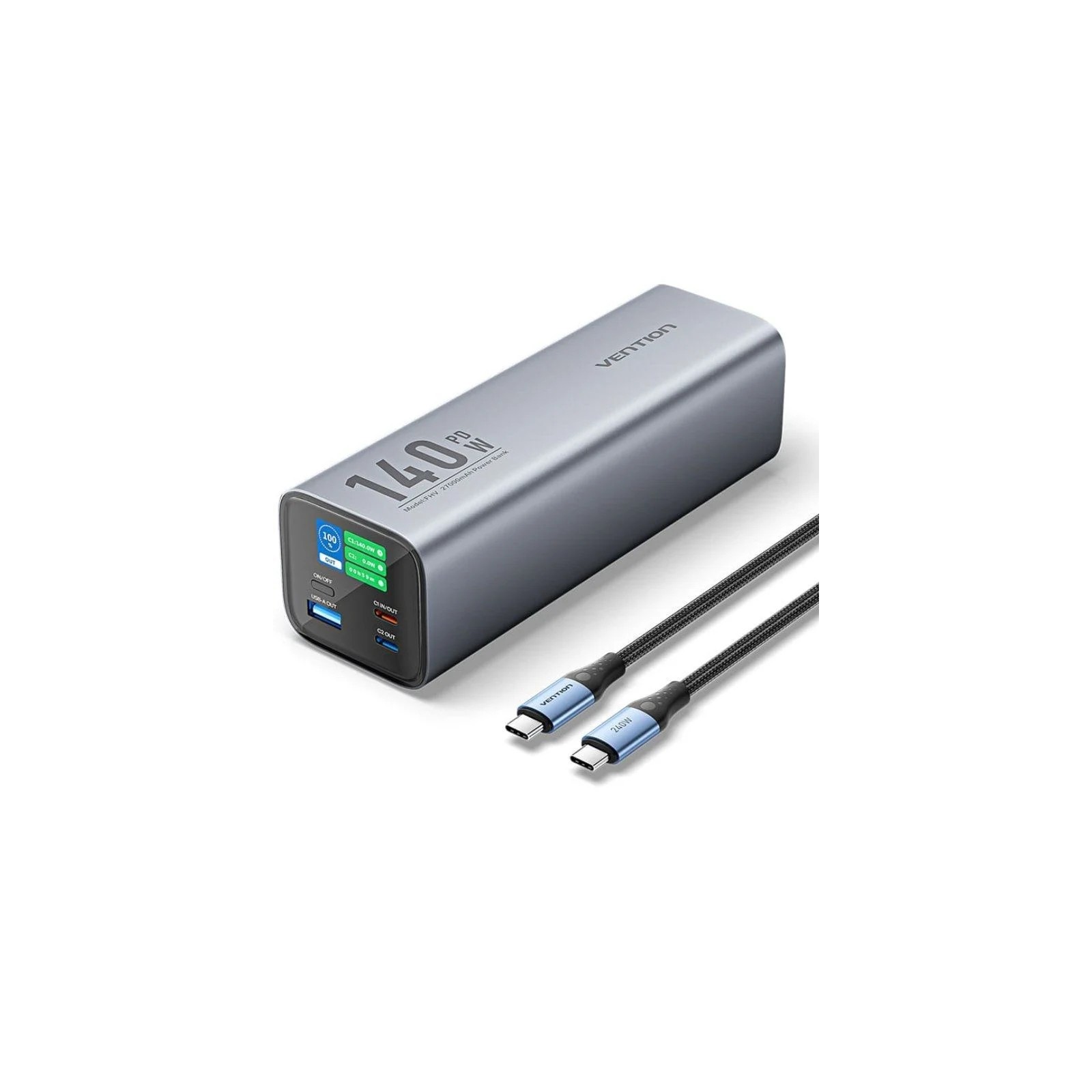 Batería Externa Vention 27000mAh 140W con Cable USB-C/Lightning